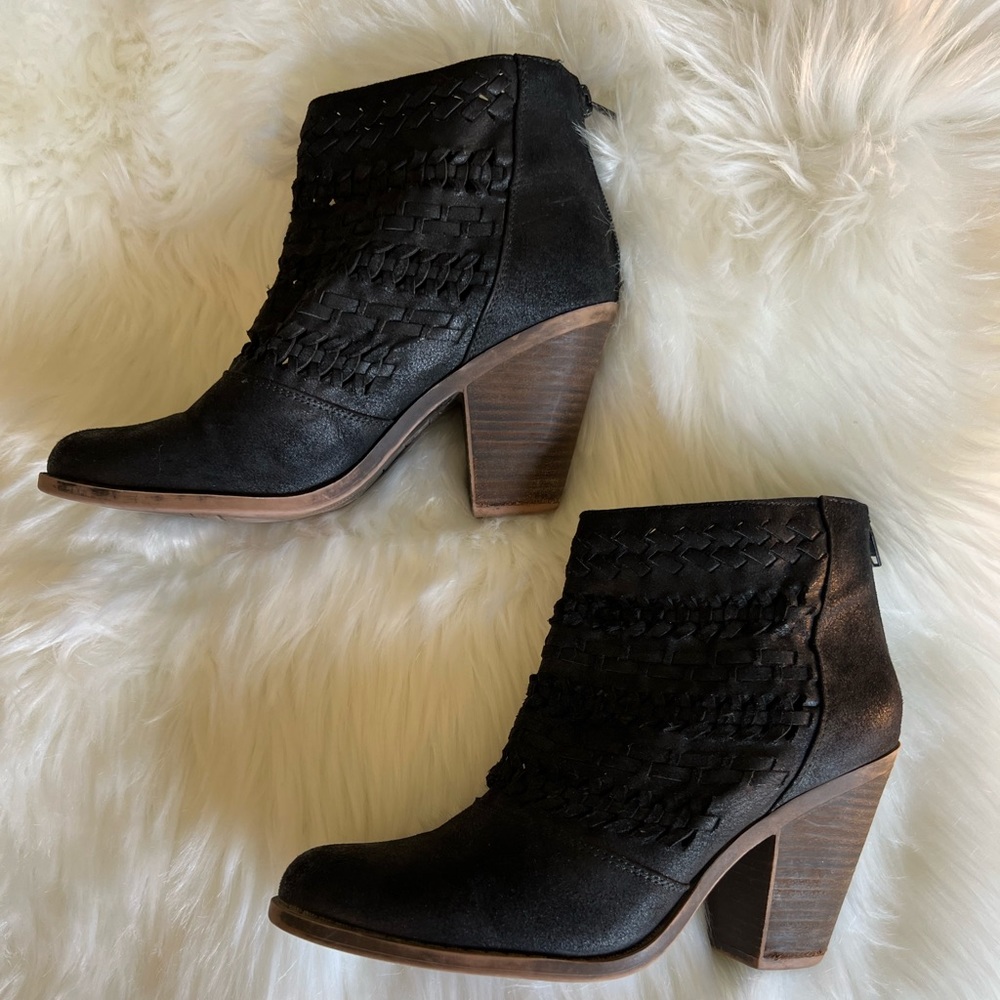 Fergie Willow Black Boho Weaved Point Toe Ankle Bootie